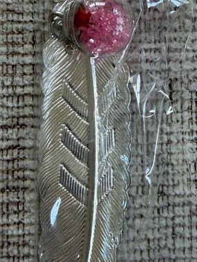 Silver Feather Bookmark with Pink Crystal Accent - Cute